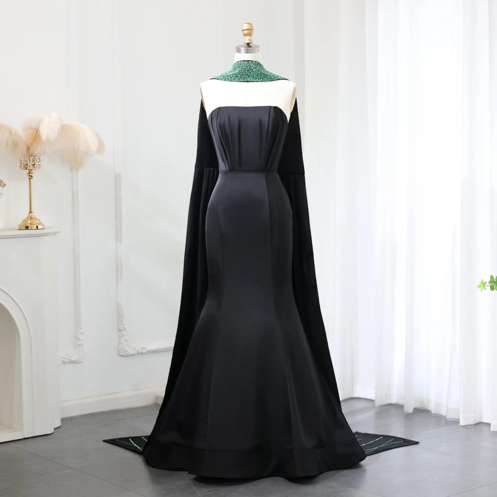Elegant Black Mermaid Evening Dresses with Scarf Luxury Beaded Women Wedding Formal Party Gowns
