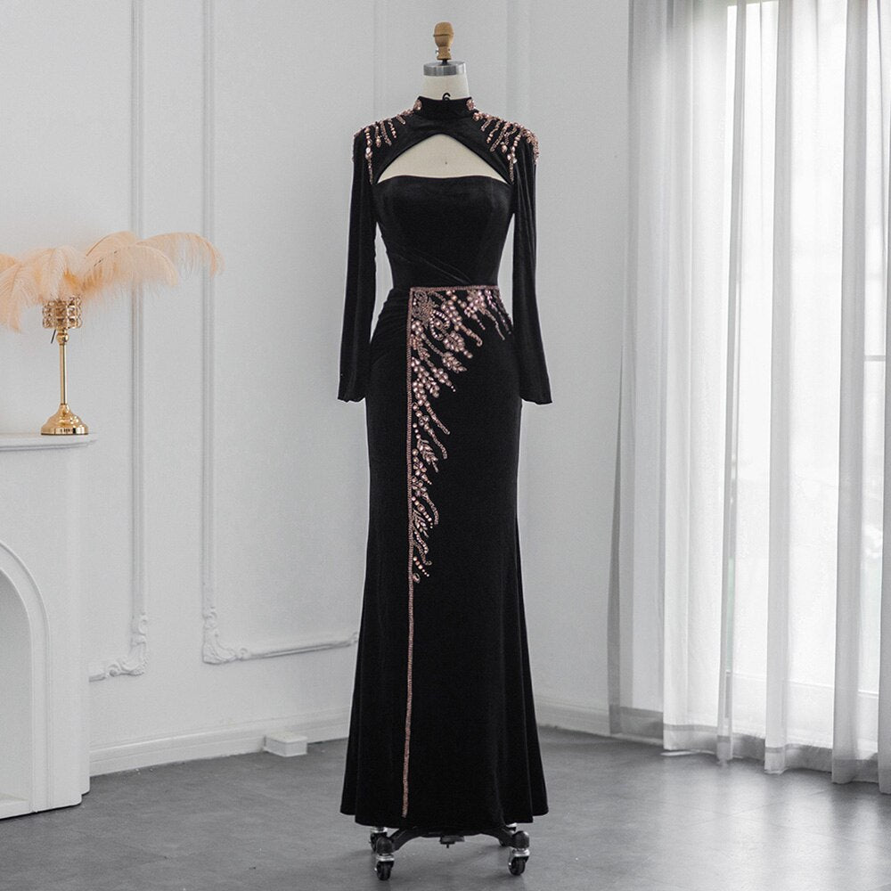 Elegant Black Velvet Mermaid Evening Dress Luxury Long Sleeve Women Wedding Party Gowns
