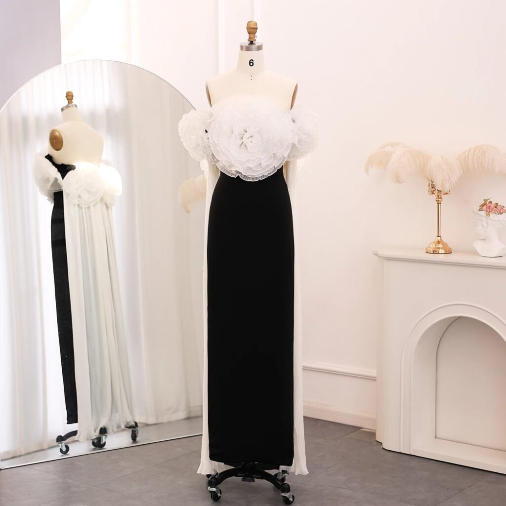 Elegant Black and White Mermaid Dress with Cape 3D Flowers Women Wedding Party Gowns 2024
