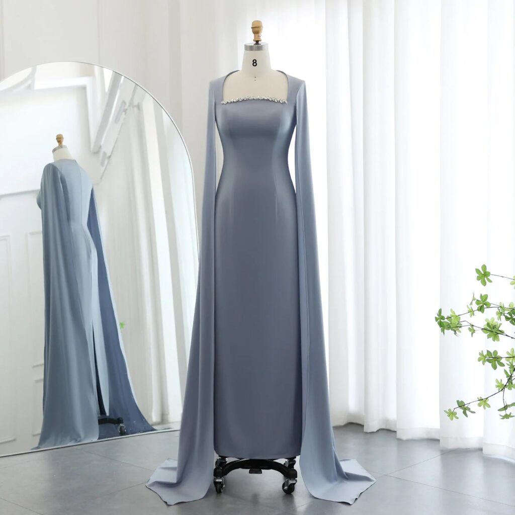 Elegant Blue Mermaid Arabic Evening Dress with Cape Sleeves for Women Wedding Party Dubai Formal Prom Gowns
