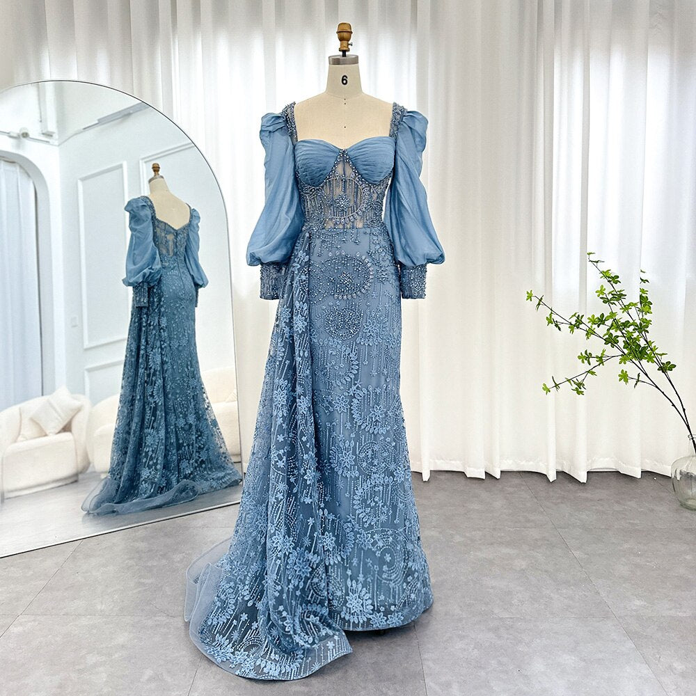Elegant Blue Mermaid Evening Dresses with Overskirt Long Sleeves For Woman Wedding Party Gown