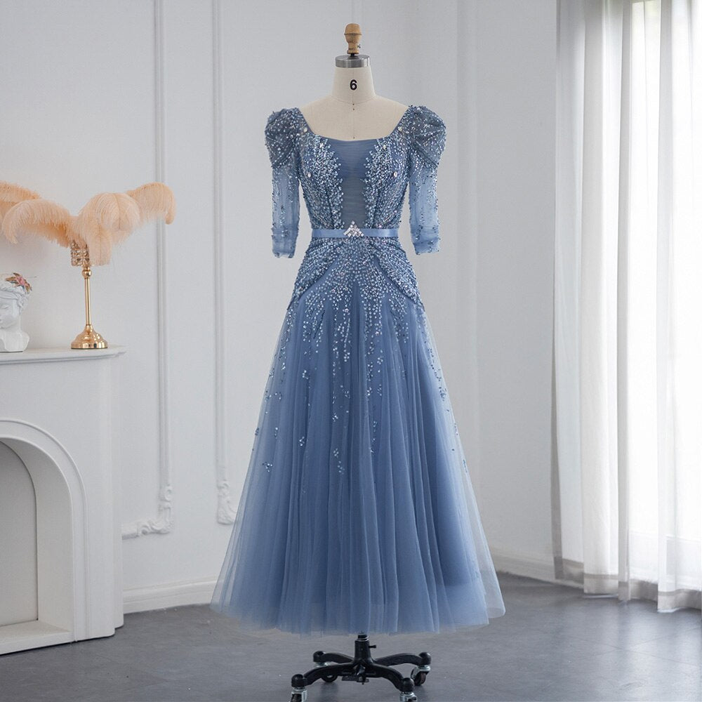 Elegant Blue Midi Evening Dress Luxury Ankle Length Short Wedding Formal Party Gowns