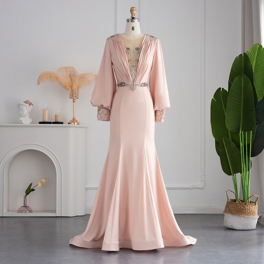 Elegant Blush Pink Mermaid Evening Dress Luxury Crystal Long Sleeve Formal Dress for Women Wedding Guest