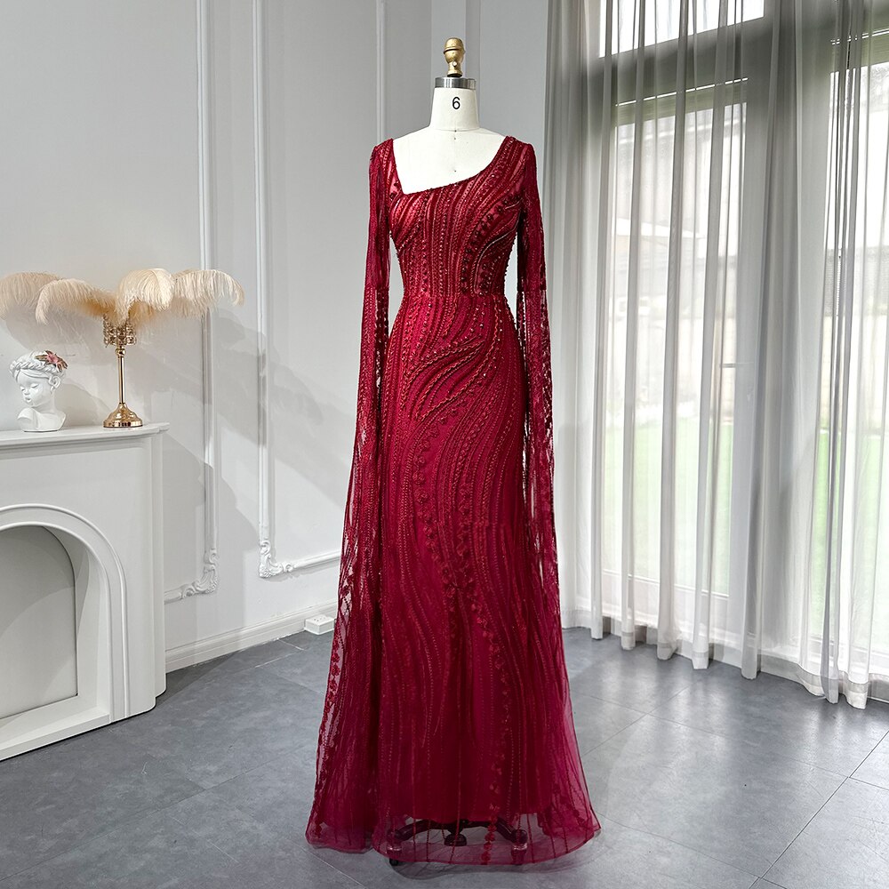 Elegant Burgundy Mermaid Evening Dresses with Long Sleeve Luxury Crystal Women Wedding Formal Party Gown