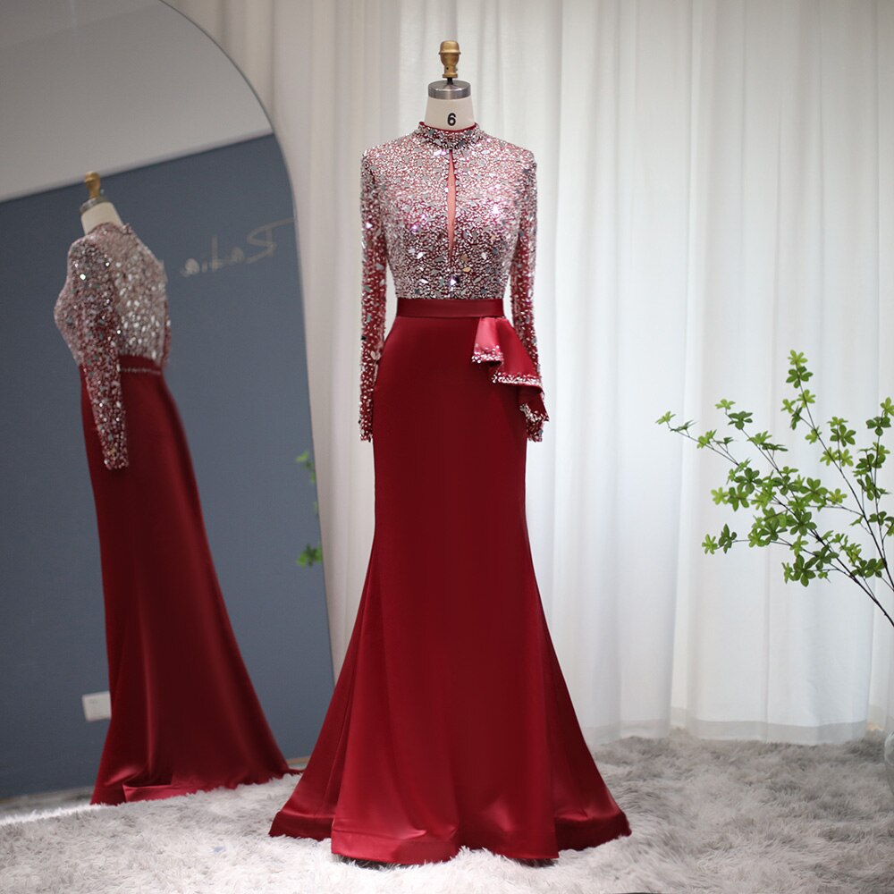Elegant Mermaid Long Sleeve Evening Dress for Women Wedding Luxury Formal Party Gowns