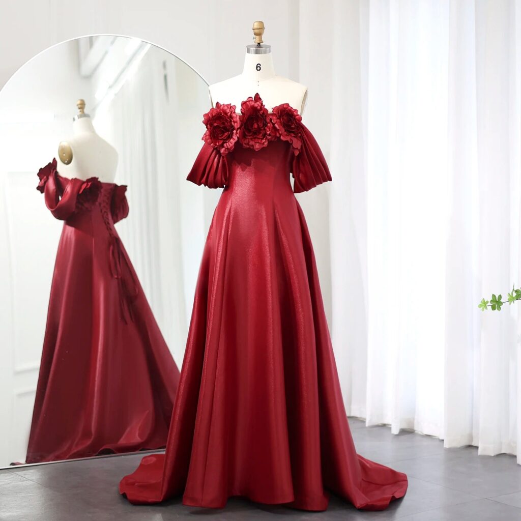 Elegant Burgundy Satin Off Shoulder Evening Dresses with 3D Flowers 2024 Long Women Wedding Formal Party Gowns