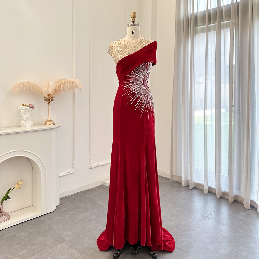 Elegant Velvet Mermaid Evening Dress for Women Wedding Party Luxury Beaded Formal Gowns