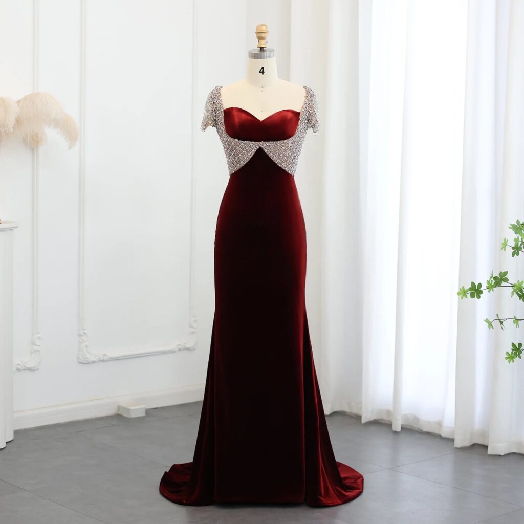 Elegant Burgundy Velvet Mermaid Evening Dresses Luxury Crystal Long Arabic Women Wedding Party Gowns