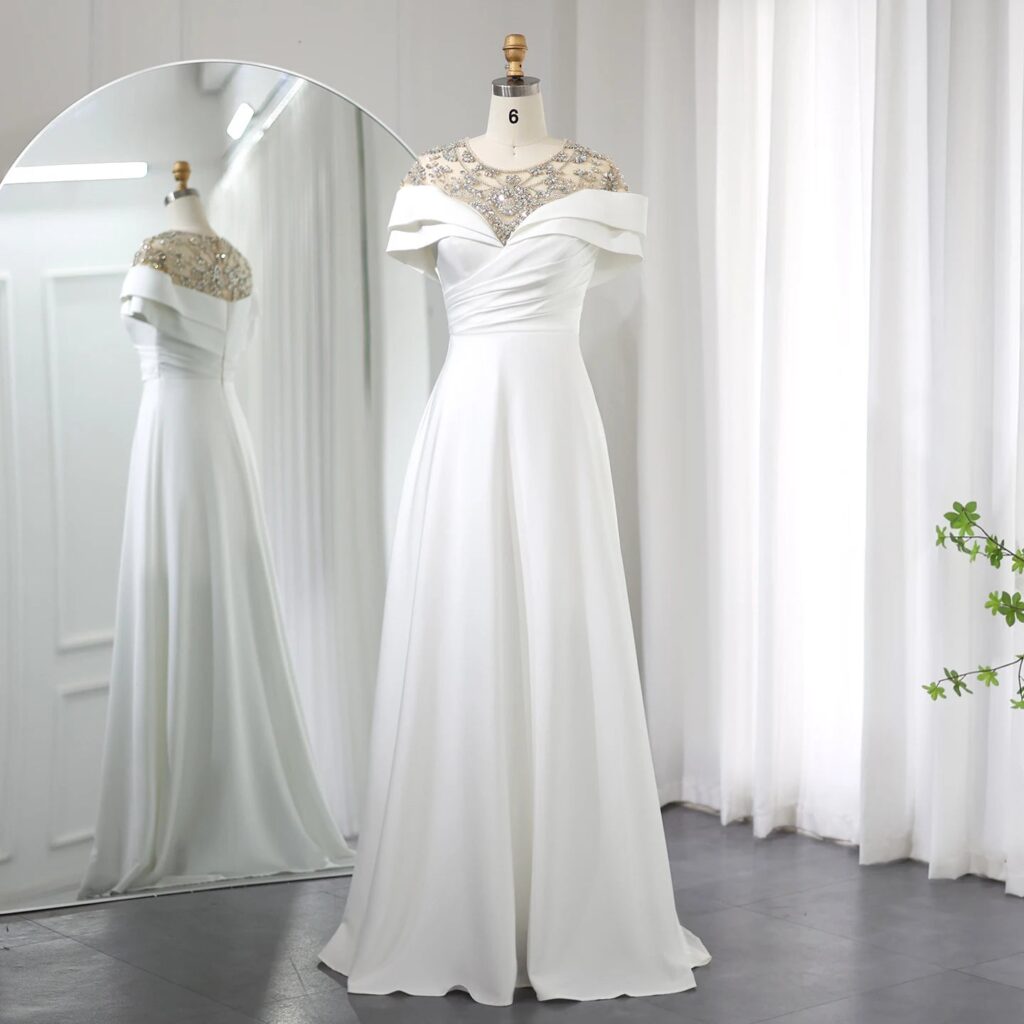 Elegant Cap Sleeve White Satin Evening Dresses for Wedding Luxury Arabic Beaded Women Long Formal Party Dress