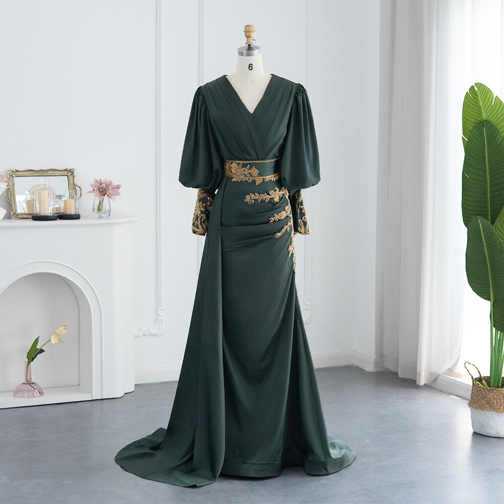 Elegant Emerald Green Evening Dress for Women Wedding Long Sleeve Luxury Beaded Formal Dresses