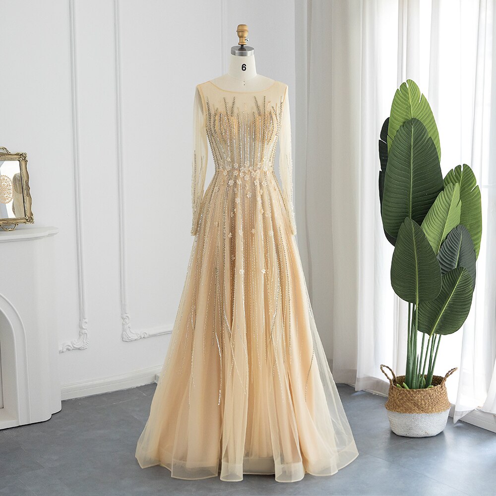Elegant Gold 3D Flowers Luxury Evening Dresses for Women Wedding Party Beading Formal Prom Gowns