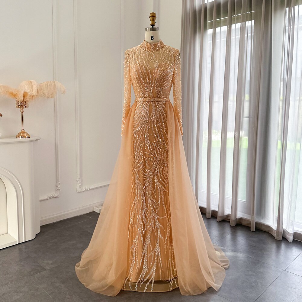 Elegant Gold Mermaid Evening Dress with Overskirt Long Sleeves Luxury Wedding Formal Party Gown