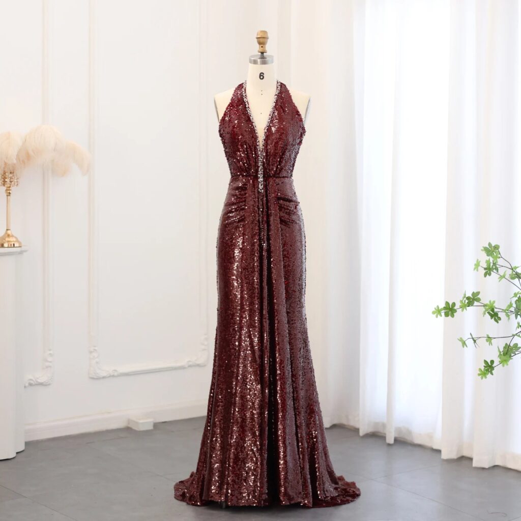 Elegant Halter Burgundy Sequined Mermaid Evening Dresses for Women Wedding Party Long Arabic Formal Prom Gowns