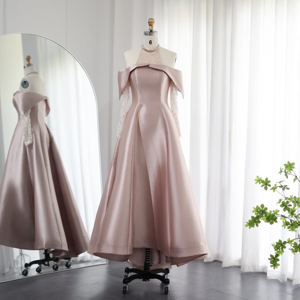 Elegant Satin High Evening Dress for Wedding Party Halter Women Midi Formal Guest Gowns