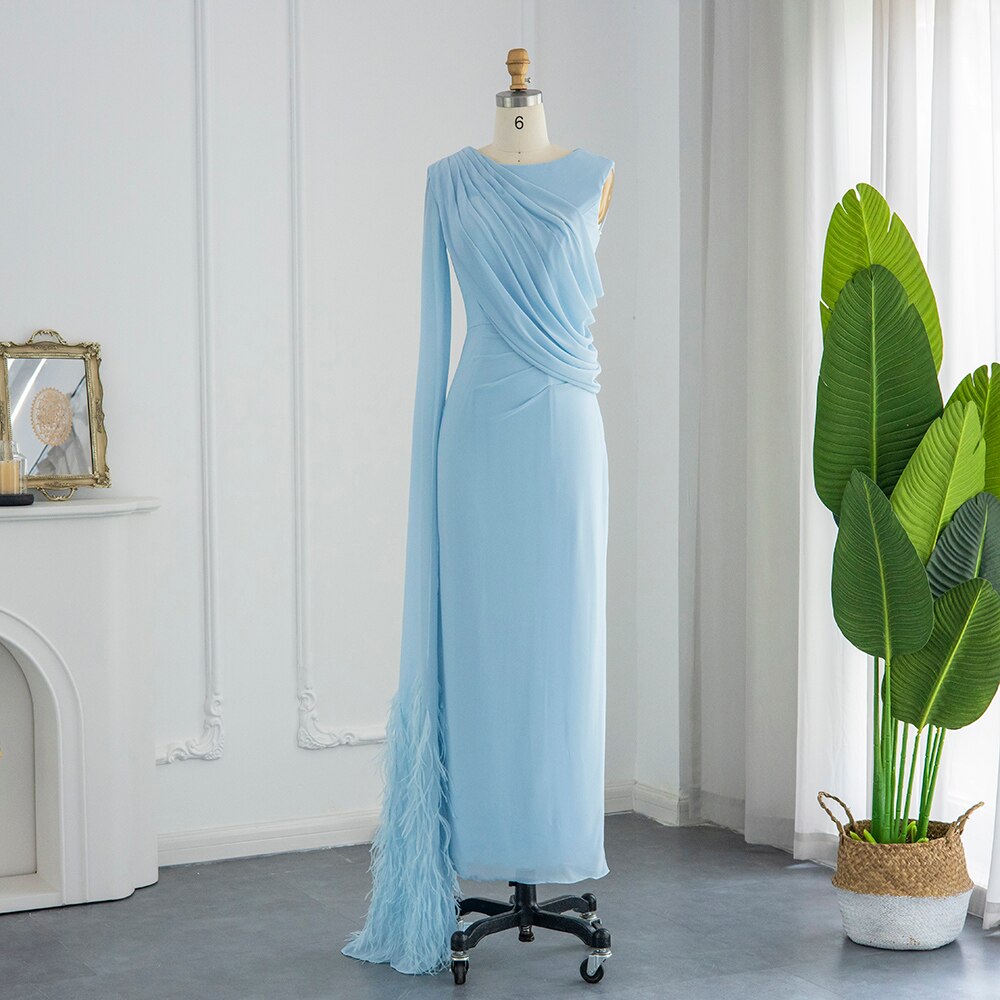 Elegant Light Blue Evening Dresses with Feathers Cape Luxury Formal Party Dress for Women Wedding