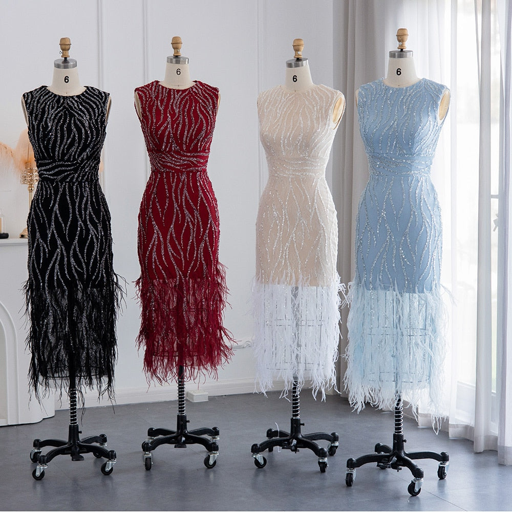 Elegant  Lace Midi Evening Dress with Feathers Beading Formal Dresses for Wedding Party