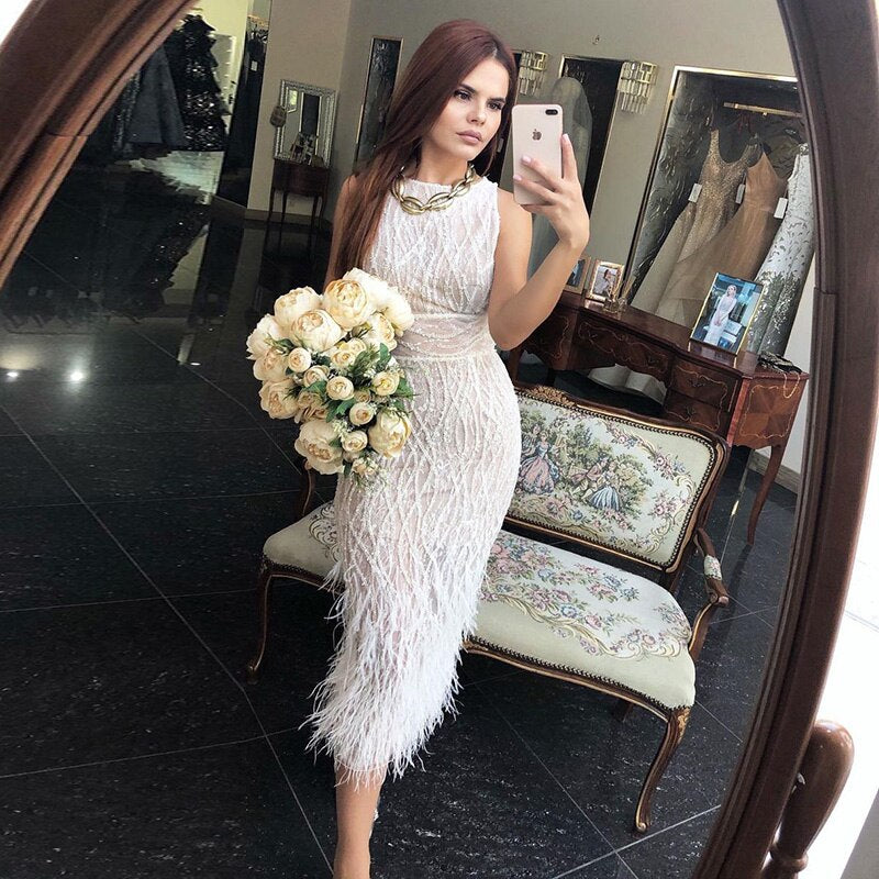 Elegant Lace Midi Evening Dress with Feathers Beading Formal Dresses for Wedding Party - Image 4