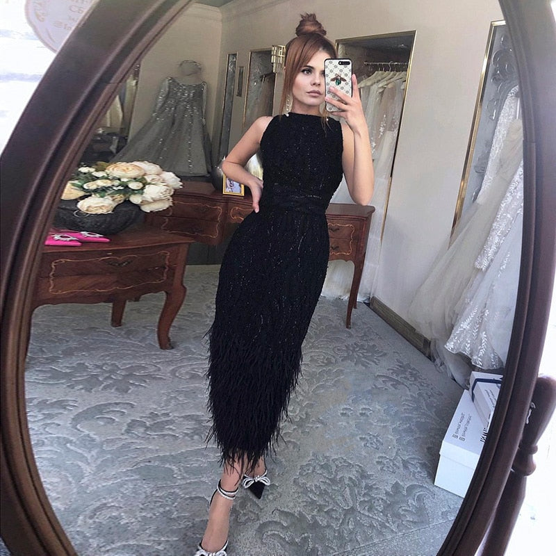 Elegant Lace Midi Evening Dress with Feathers Beading Formal Dresses for Wedding Party - Image 2