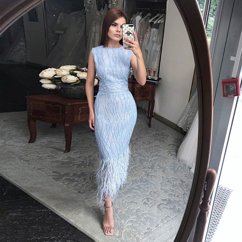 Elegant Lace Midi Evening Dress with Feathers Beading Formal Dresses for Wedding Party - Image 3