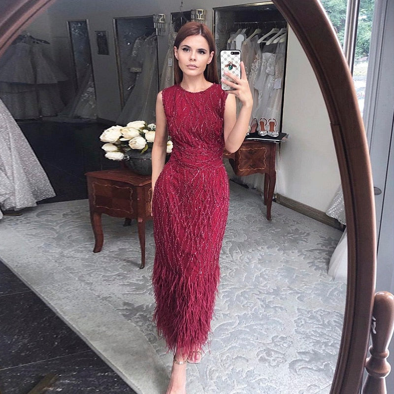 Elegant Lace Midi Evening Dress with Feathers Beading Formal Dresses for Wedding Party - Image 25
