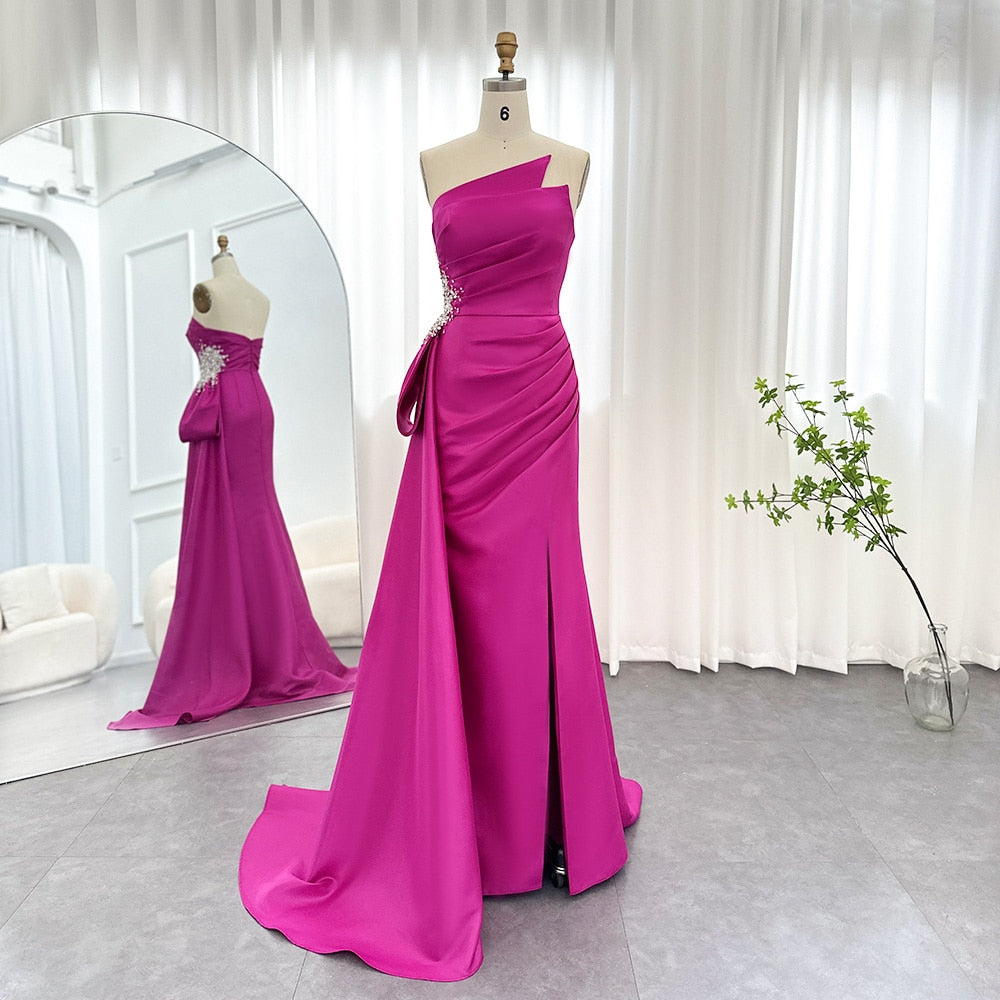 Elegant Mermaid Long Fuchsia Evening Dresses 2023 Overskirt Side Slit Women Wedding Formal Party Gowns