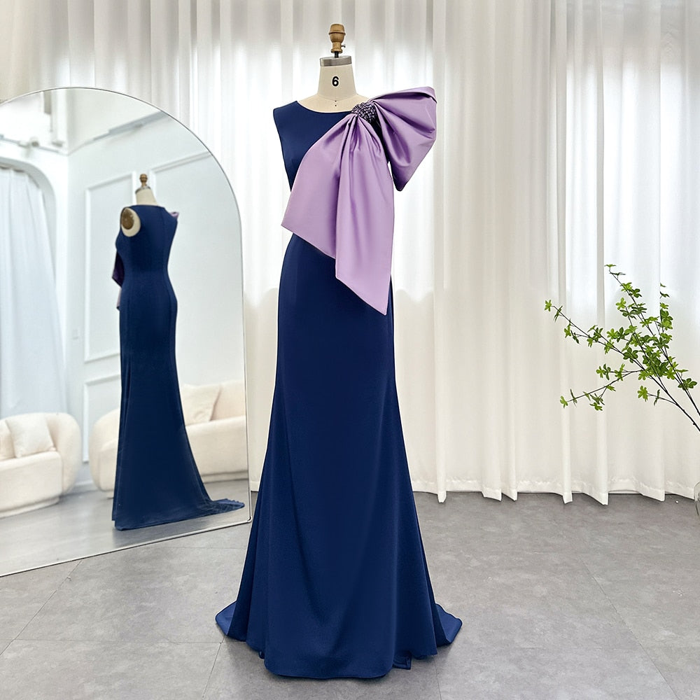 Elegant Navy Blue Satin Mermaid Evening Dresses with Lilac Bow Women Wedding Party Formal Gowns