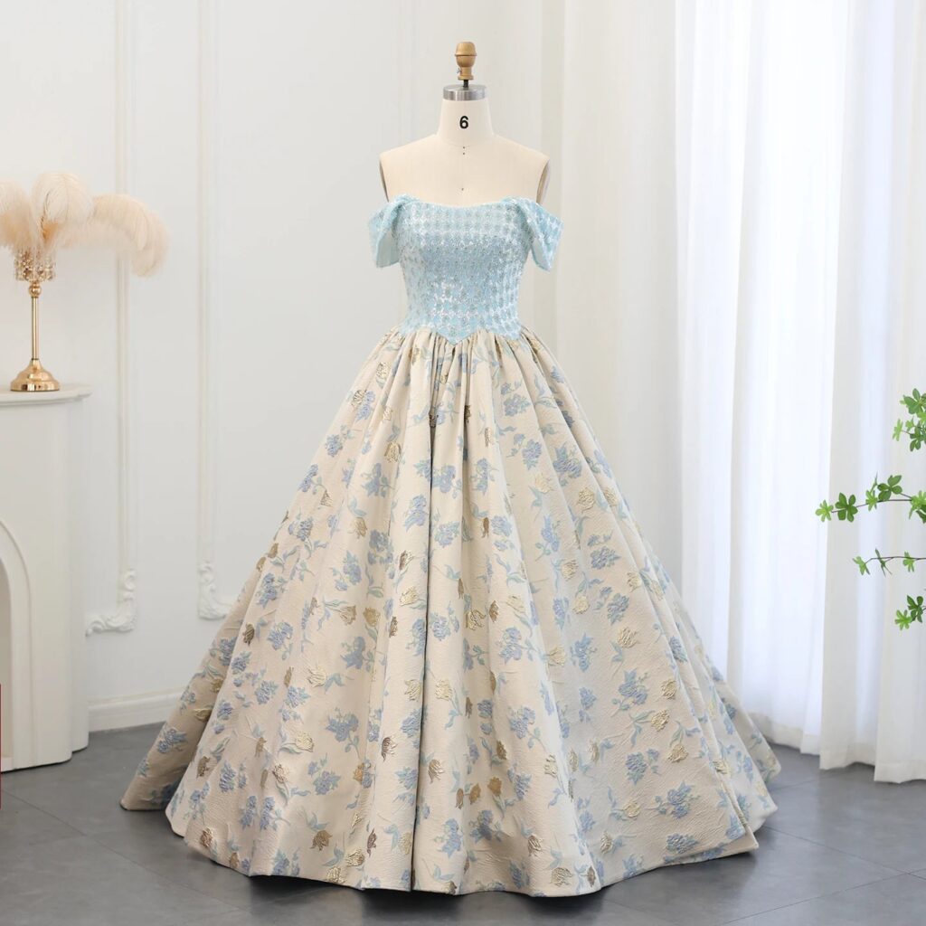 Elegant Off Shoulder Baby Blue Ball Gown Evening Dress 2024 Luxury Printed Satin Girls Birthday Party Gowns