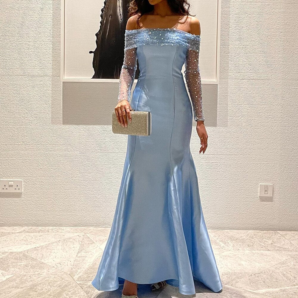 Elegant Off Shoulder Blue Evening Dress for Women Wedding Party Long Sleeves Dubai Formal Prom Gowns