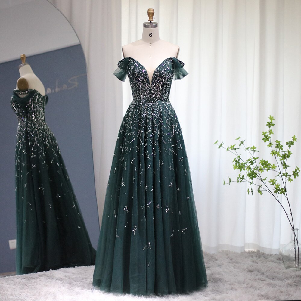 Elegant Off Shoulder Long Evening Dresses Luxury Emerald Green Formal Dress for Women Wedding Party