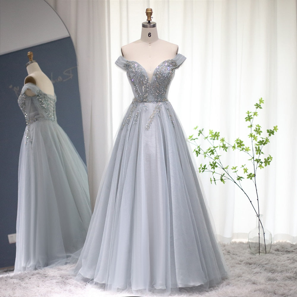 Elegant Off Shoulder Evening Dress for Wedding Party Luxury Beaded Long Women Formal Prom Gowns