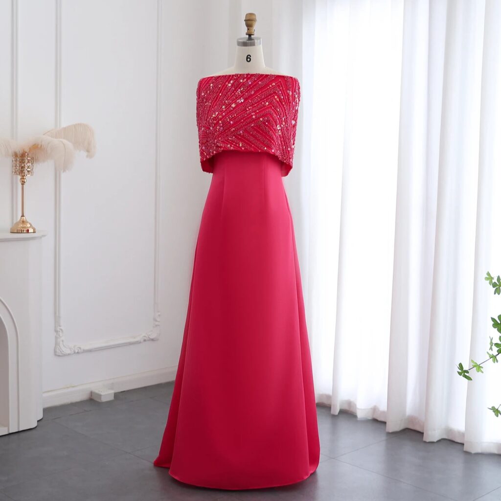 Elegant Off Shoulder Fuchsia Arabic Evening Dress with Cape for Women Wedding Party Dubai Formal Prom Gowns