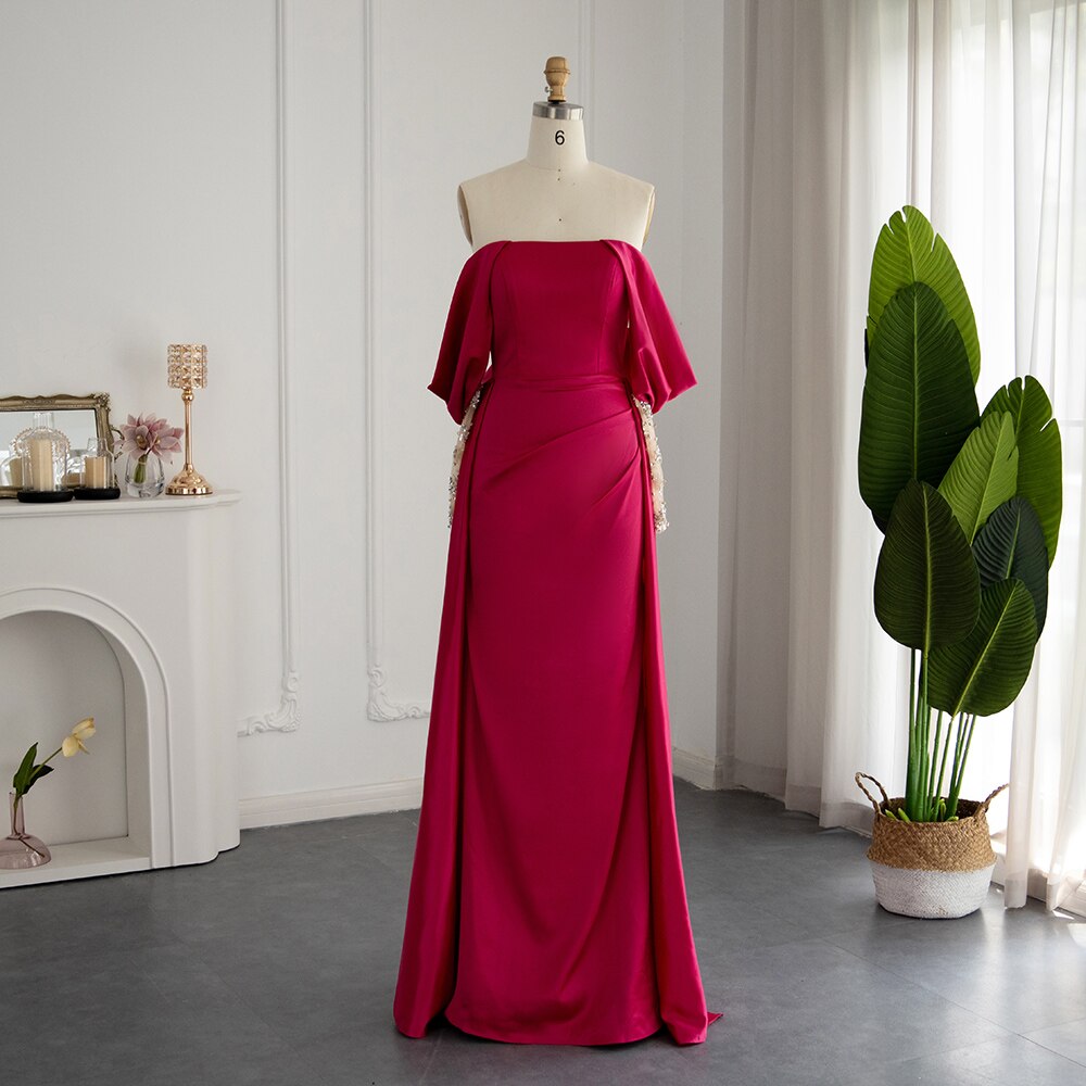 Elegant Off Shoulder Fuchsia Evening Party Dress for Women Wedding Beaded Long Sleeve Formal Prom Gowns