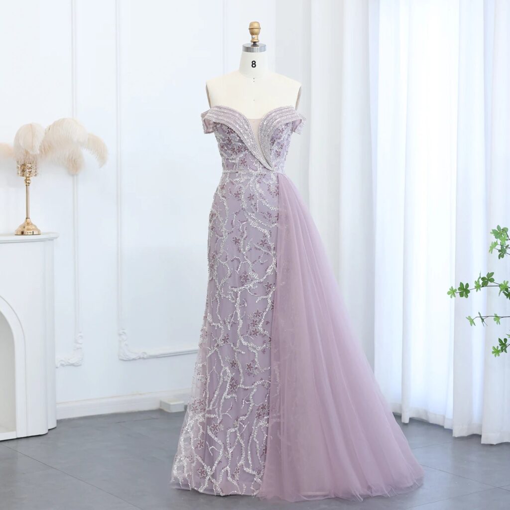 Elegant Off Shoulder Mermaid Lilac Evening Dress with Overskirt 2024 Plus Size Women Blue Wedding Party Gown