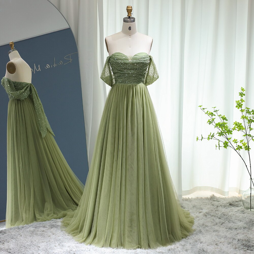 Elegant Off Shoulder Sage Evening Dresses for Women Wedding Guest Luxury Beaded Long Formal Party Gown