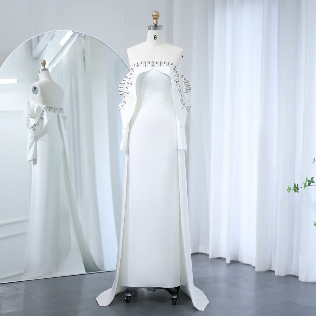 Elegant Off White Mermaid Evening Dress with Cape Long Sleeves Off Shoulder Arabic Wedding Party Gowns