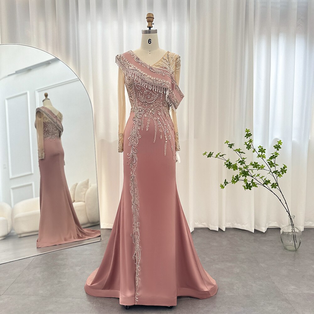 Elegant Mermaid Evening Dresses Luxury Crystal Tassel Long Sleeve Women Wedding Party Dress