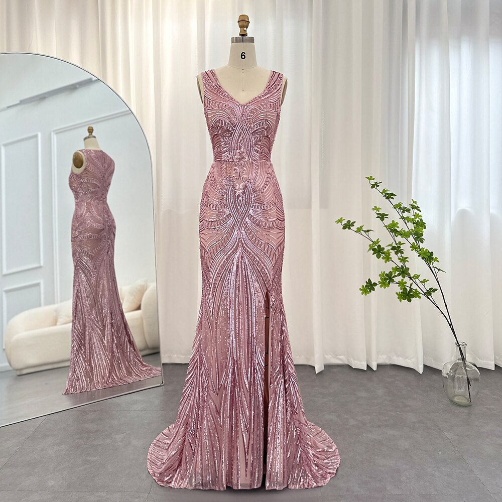 Elegant Pink Sequined Mermaid Evening Dresses for Women Wedding Party Sexy V-Neck Long Prom Dress