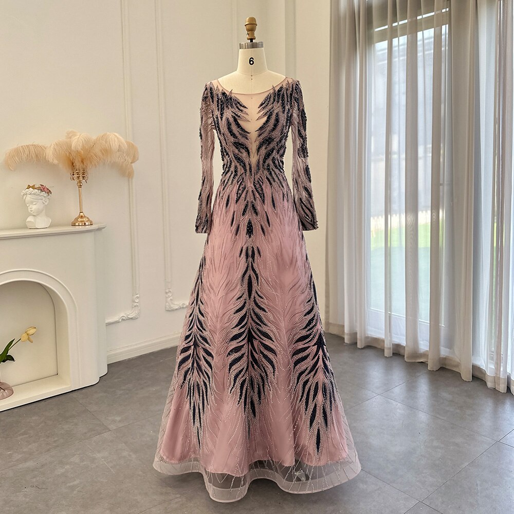 Elegant Women Evening Dresses for Wedding Party Long Sleeve Luxury Crystal Formal Gowns