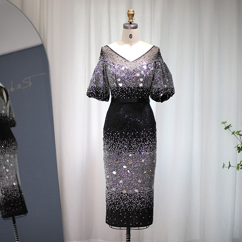 Elegant Short Midi Black Evening Dress Luxury Crystal V-Neck Formal Prom Gowns for Wedding Party