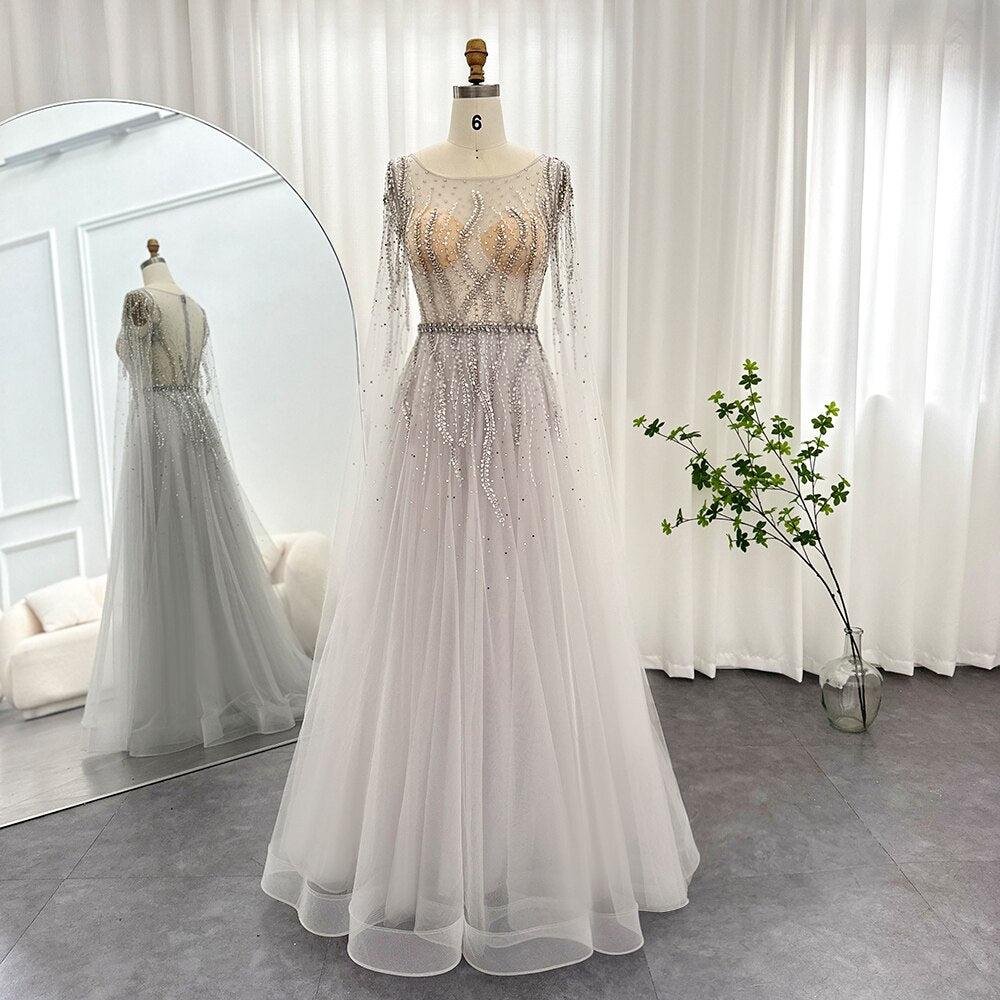 Elegant Silver Evening Dress for Women Wedding Party Cap Sleeve Luxury Beaded Arabic Formal Prom Dresses