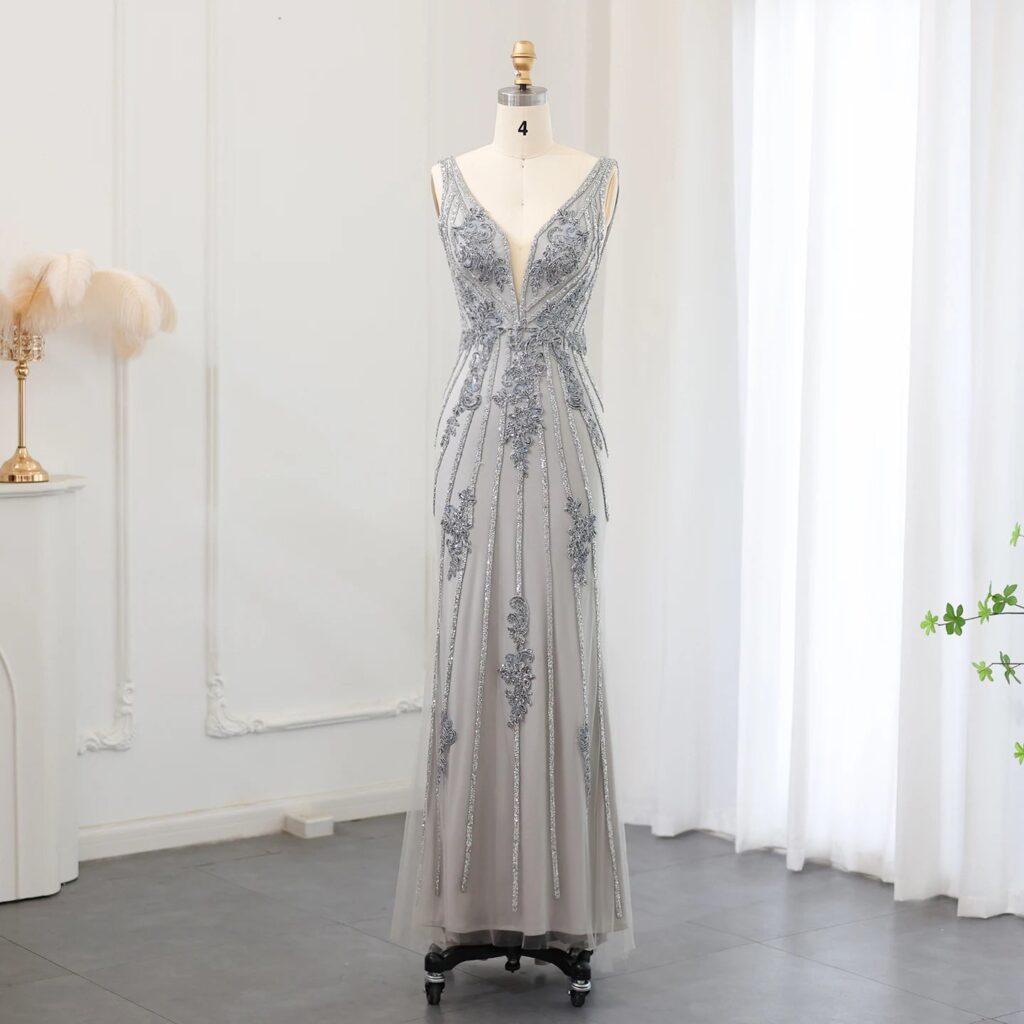 Elegant Silver Gray V-Neck Mermaid Evening Dress for Women Wedding Sexy Open Back Formal Party Gowns