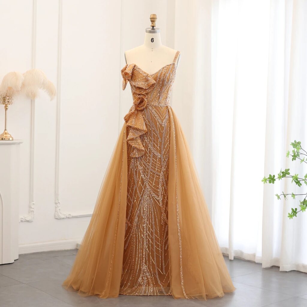 Elegant Spaghetti Straps Gold Yellow Mermaid Evening Dress with Overskirt Blue Gray Green Wedding Party Gowns