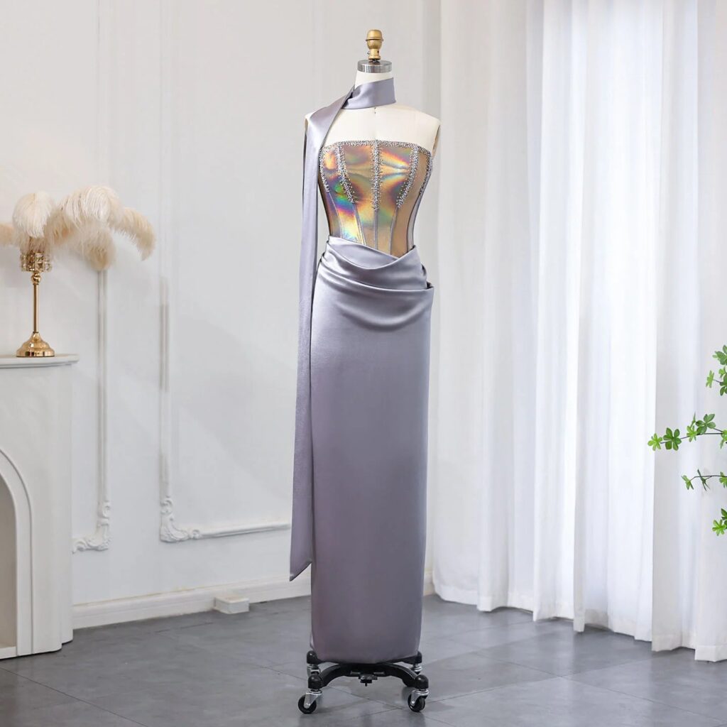 Elegant Strapless Gray Satin Evening Dress with Scarf Luxury Crystal Formal Dress for Women Wedding Party