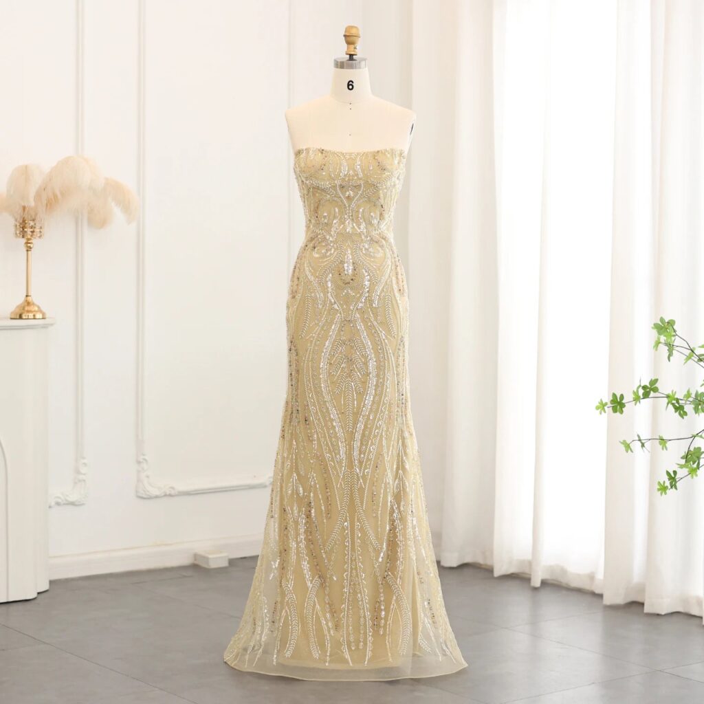 Elegant Strapless Mermaid Gold Beaded Evening Dress for Women Wedding Formal Party Gowns