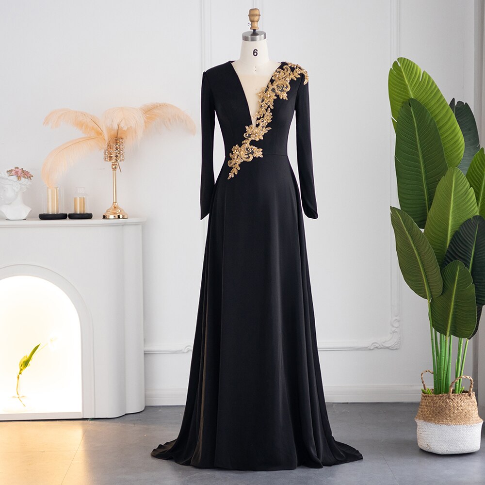 Elegant V-Neck Black Evening Dress Luxury Gold Beaded Women Long Formal Party Gowns
