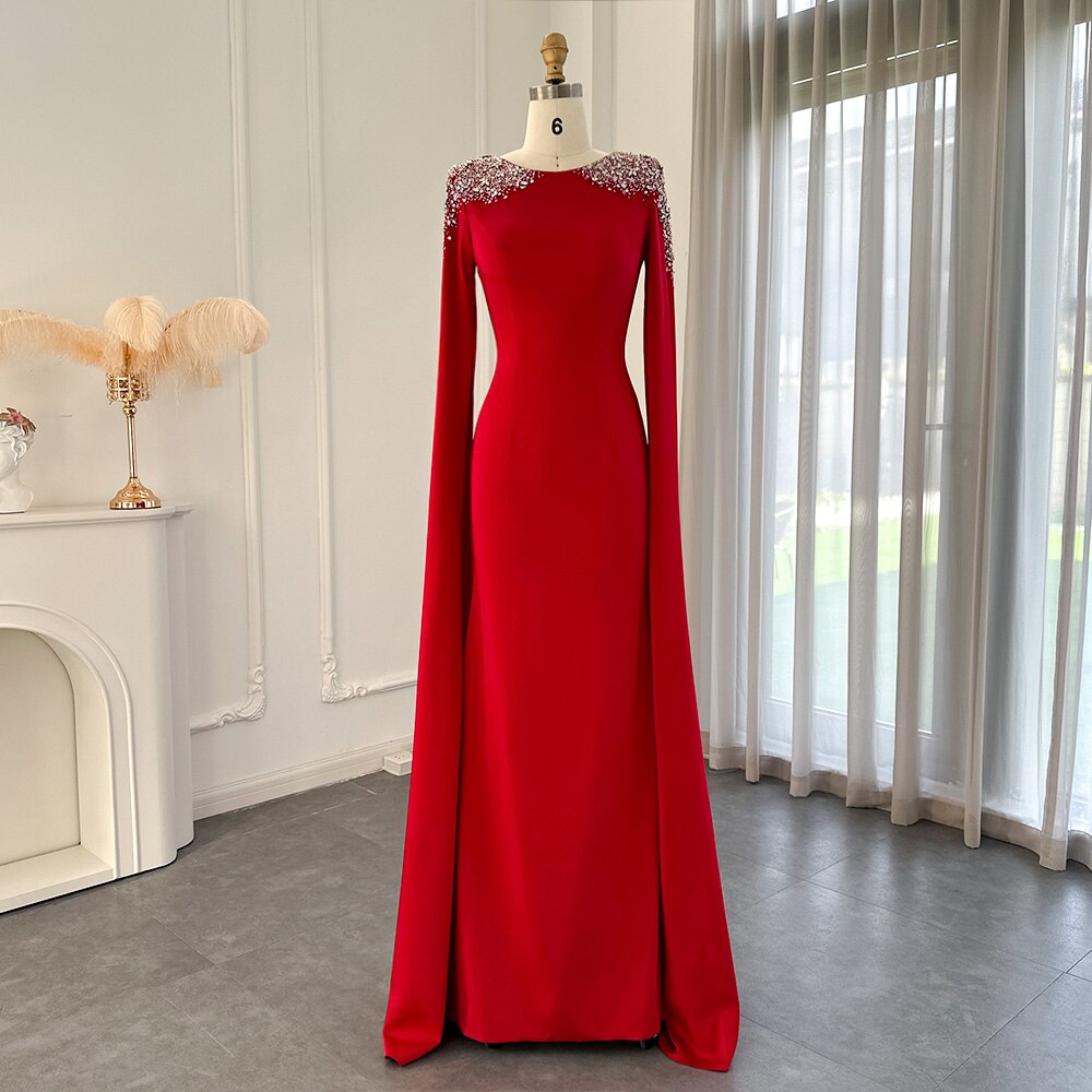 Elegant Mermaid Satin Evening Dress for Wedding Party Cape Sleeves Long Formal Dresses