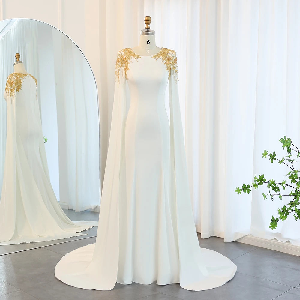 Elegant White Mermaid Evening Dress with Cape Sleeves Gold Beaded Women Wedding Party Gowns