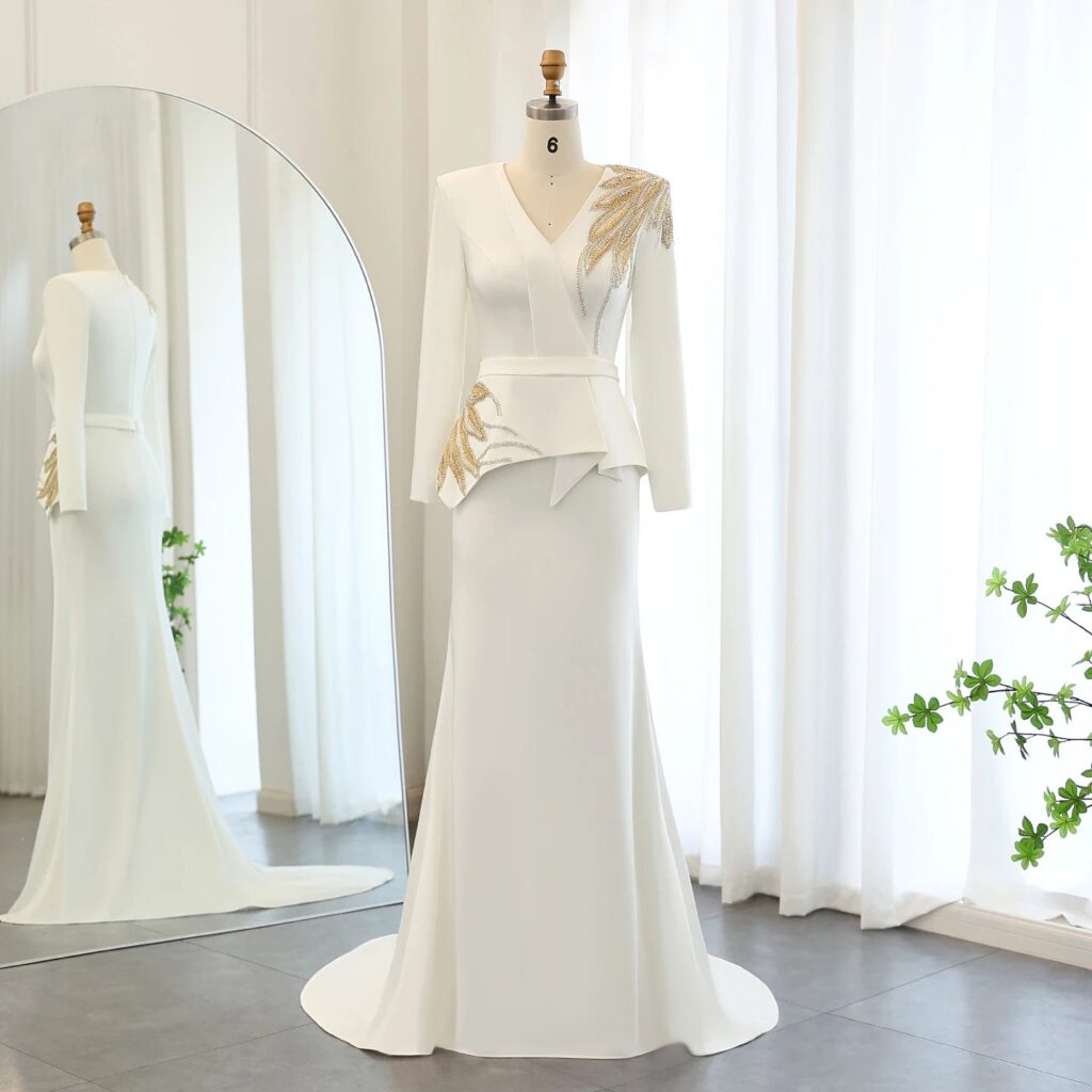Elegant White Mermaid Evening Dress with Long Sleeves Gold Beaded  Women Wedding Party Gowns