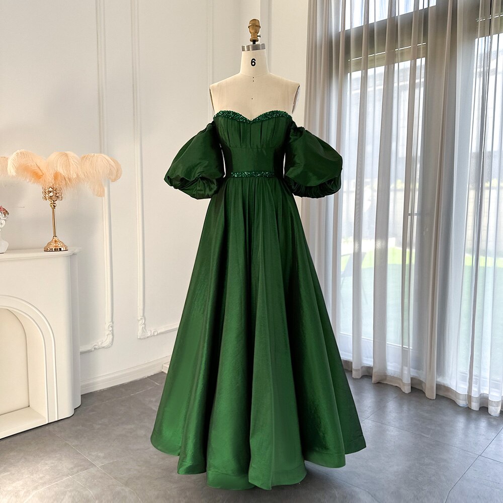 Emerald Green Evening Dress with Puff Sleeves Beaded Long Formal Dresses for Women Wedding Party