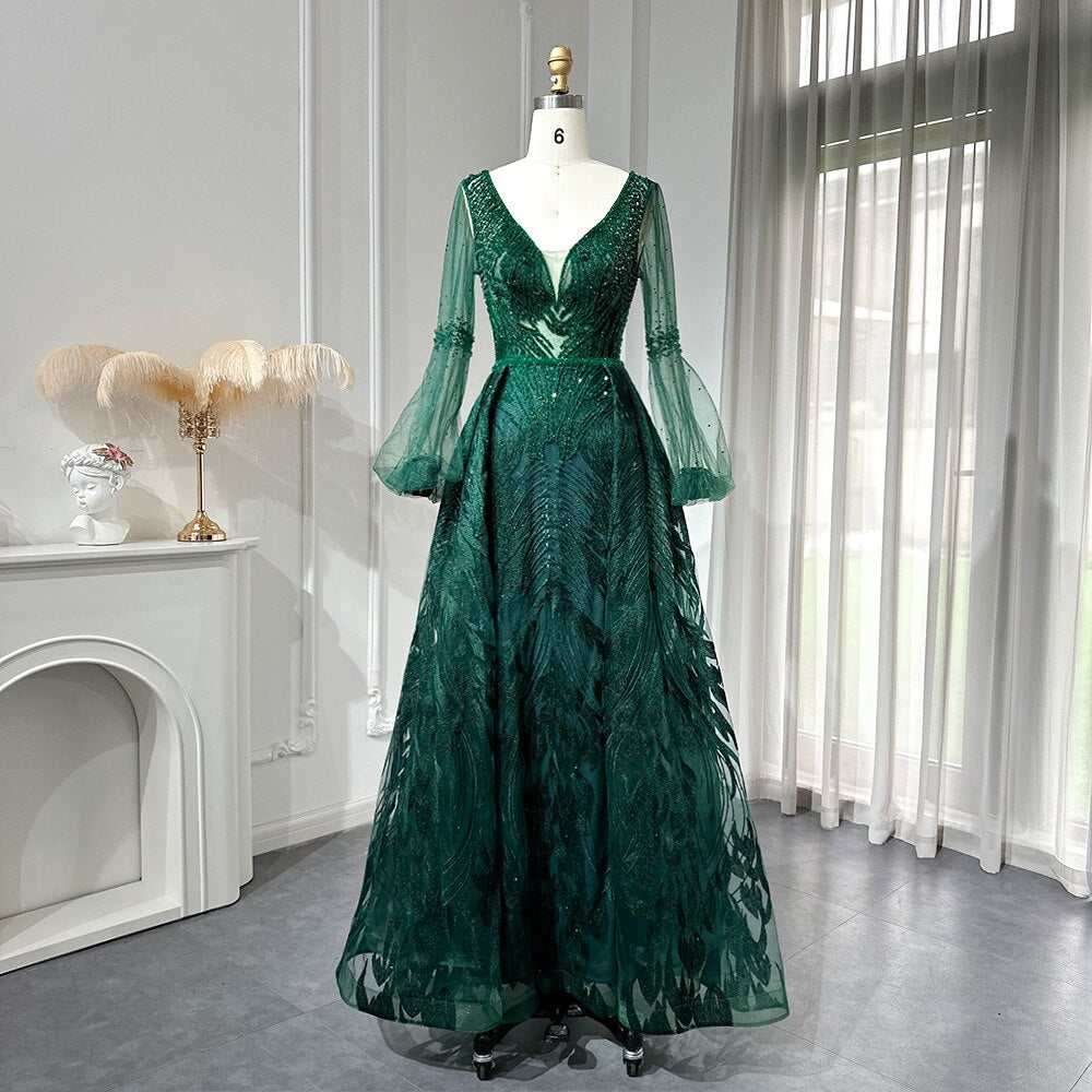 Emerald Green Luxury Crystal Evening Dress for Women Wedding Party Elegant V-Neck Long Sleeve
